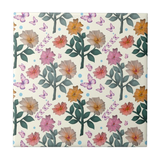 Fjäril Blommig Trädgårdsmönster   Kakelplatta (Framsidan)