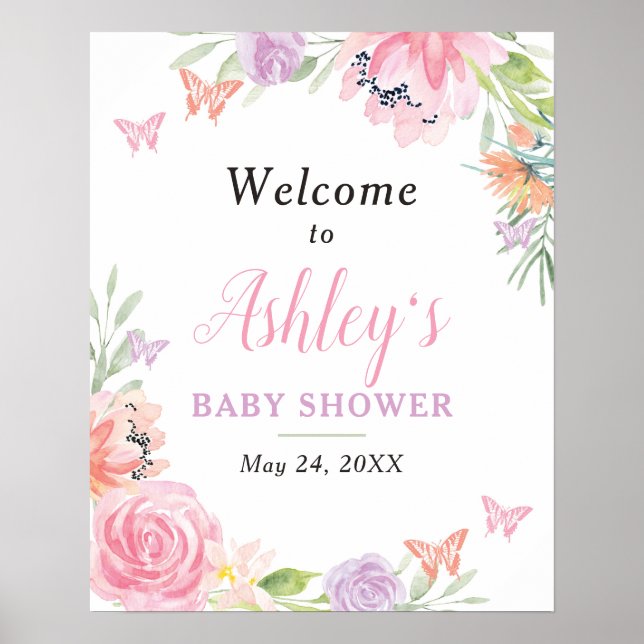 Fjäril Blommig Välkomstskylt Poster (Framsidan)