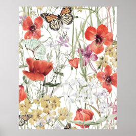 Fjäril & blommönster, botanisk design poster