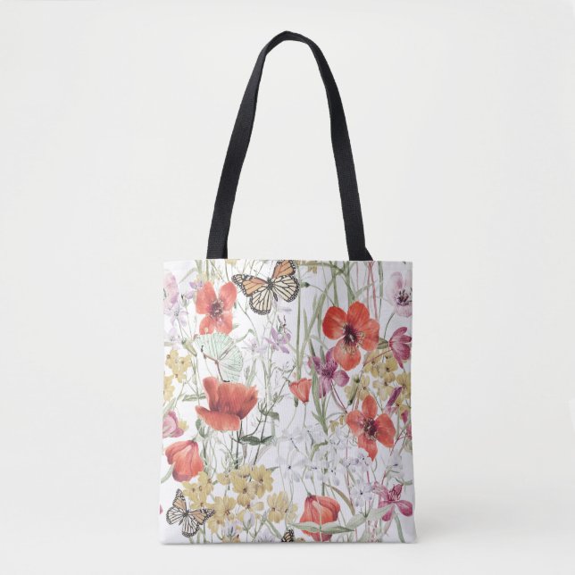 Fjäril & blommönster, botanisk design  tygkasse (Framsida)