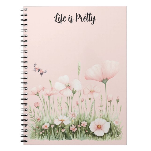 Fjäril Blush Rosa Blommor Anteckningsbok (Framsidan)