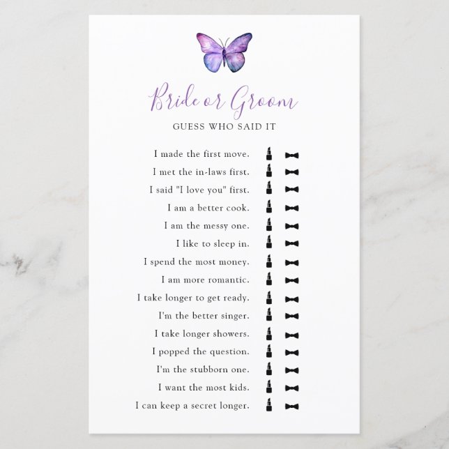 Fjäril Bröllopsdusch Gissa vem som sa det (Framsida)