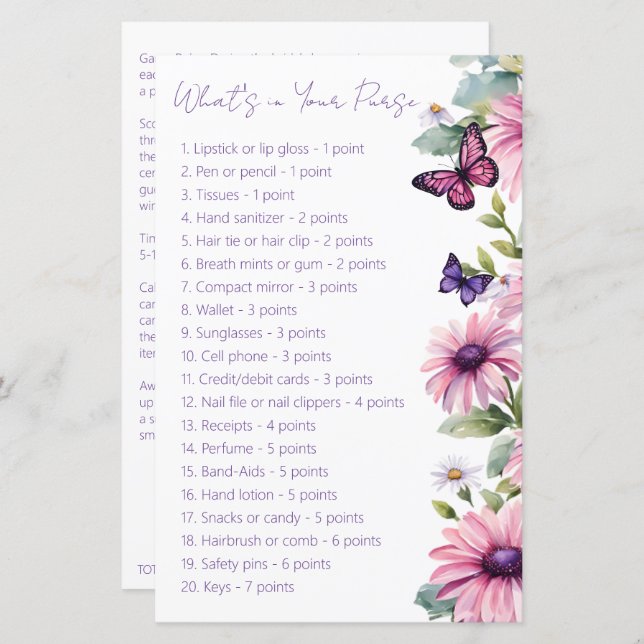 Fjäril bröllopsdusch vad har du i din handväska sp (Fram/baksida)
