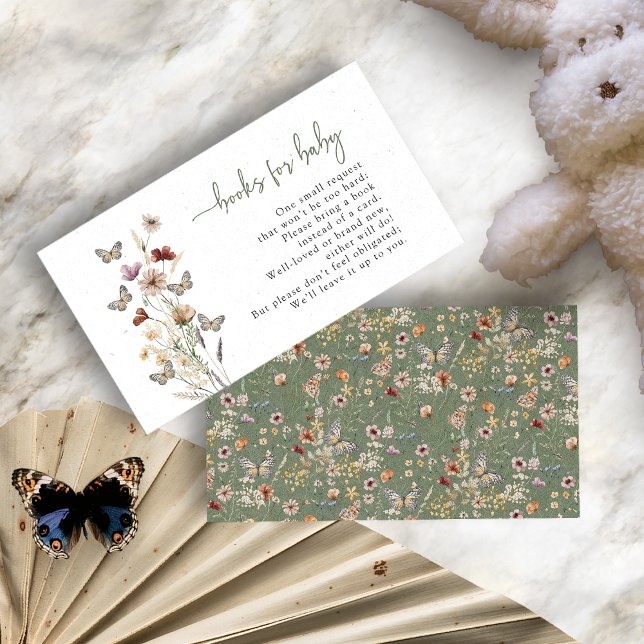 Fjäril Damgrön Böcker För Bebisar Tilläggskort (Butterfly Dusty Green Boho Floral Books For Baby Enclosure Card by Painted Paperie
)
