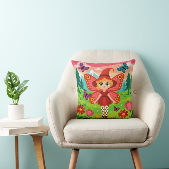 Fjäril Fée Illustration i Whimsical Skog Kudde (Stol)