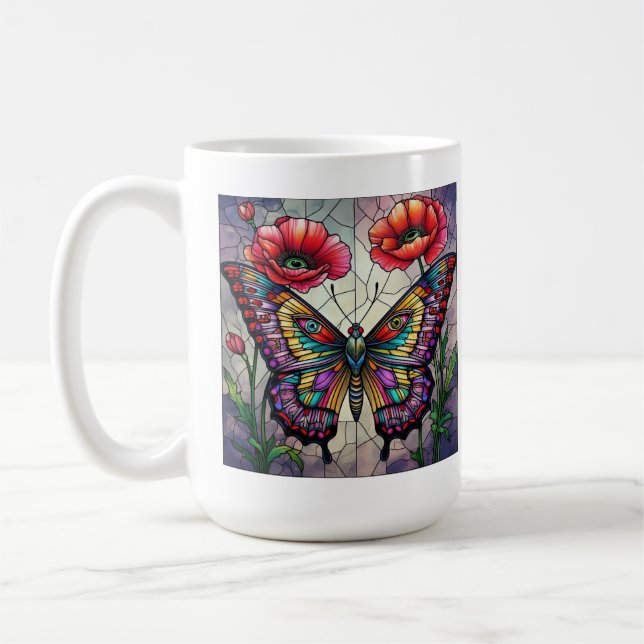 Fjäril glasmålning design vallmo blomma kaffemugg (Vänster)