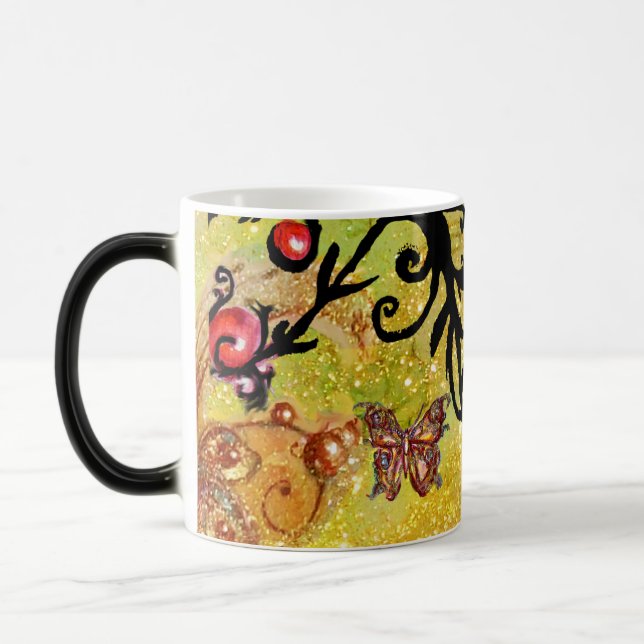 FJÄRIL GULA GNISTRAR, SVART BLOMMSTER MONOGRAM, MAGISK MUGG (Vänster)