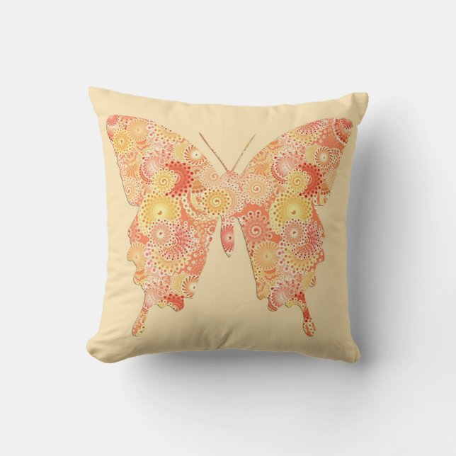 Fjäril i fractalmönster - orange och persika kudde (Framsida)