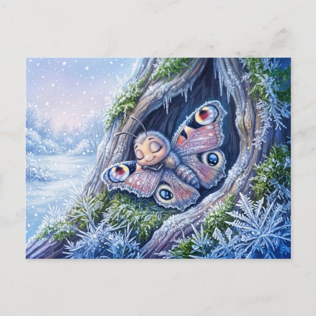 Fjäril i vintersovstad täckt av frostkristaller vykort (Framsida)