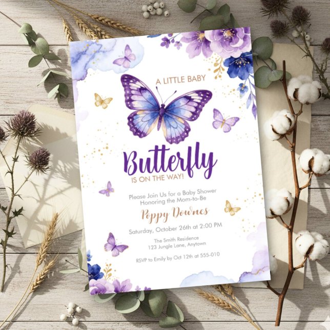 Fjäril Lila Blå Blommig Baby Shower  Inbjudningar (Skapare uppladdad)