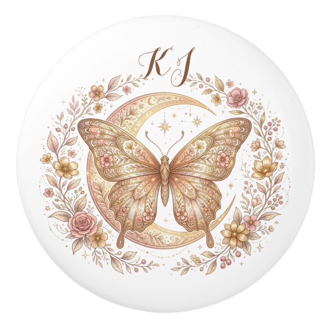 Fjäril Måne Blommig Guld Personlig Design Knopp (Framsidan)