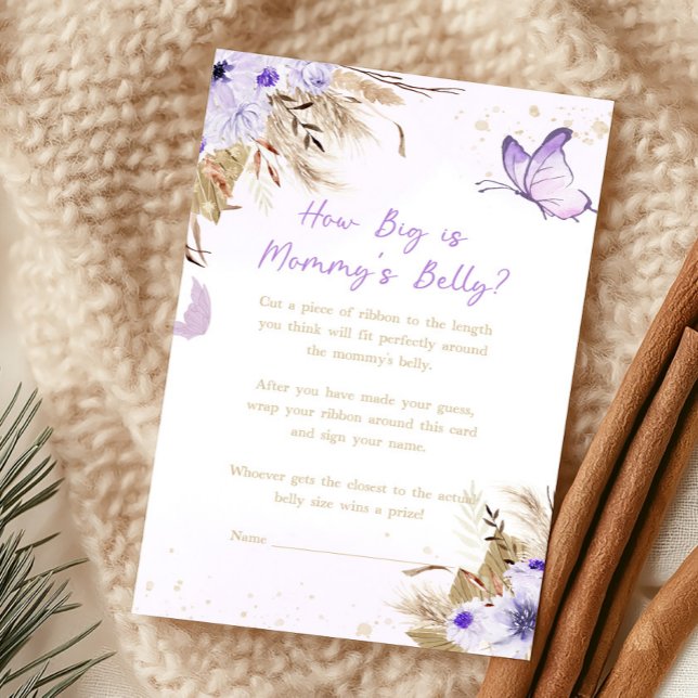 Fjäril med blommor Hur stor är mammas mage spel (Purple Baby Shower How Big Is Mommy's Belly Game)