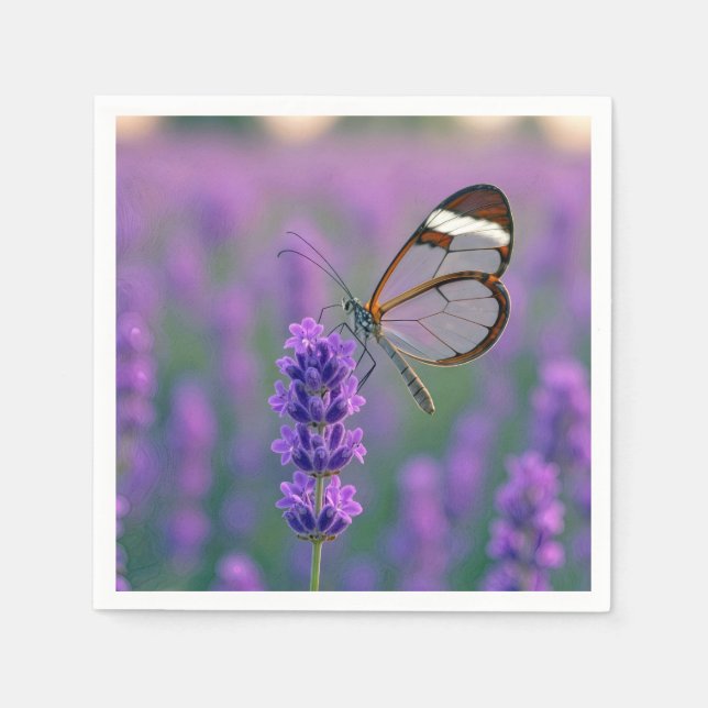 Fjäril med glasvingar på en lavendelblomma pappersservett (Framsidan)