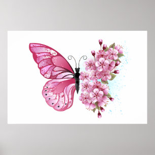 Fjäril med rosa Sakura Poster