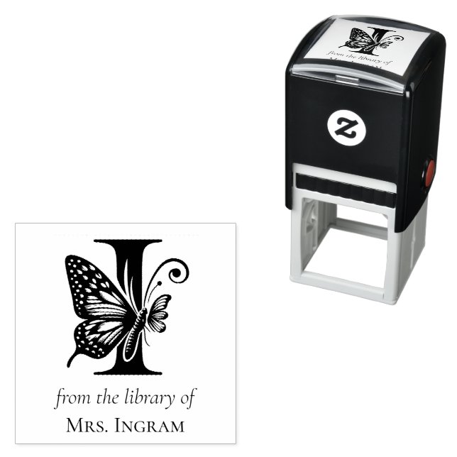 Fjäril Monogram Bokstav I Från [Namn]s Bibliotek Självfärgande Stämpel (In Situ)