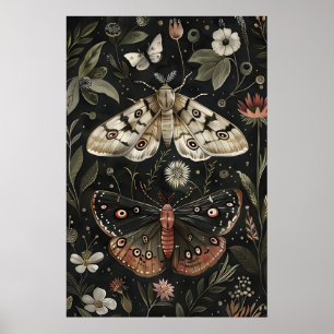 Fjäril Moth Print, Mörk Blommig Botanisk Konst Poster