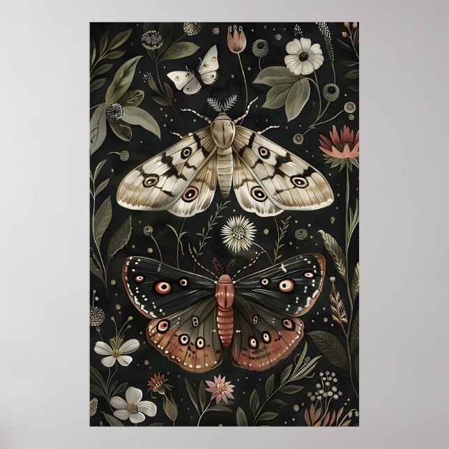 Fjäril Moth Print, Mörk Blommig Botanisk Konst Poster (Framsidan)