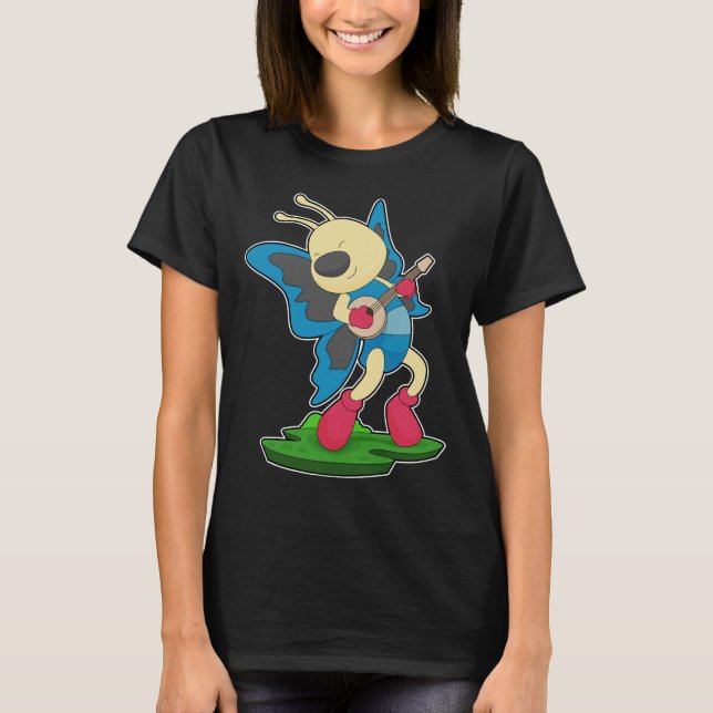 Fjäril Musiker Gitarr Musik T Shirt (Framsida)