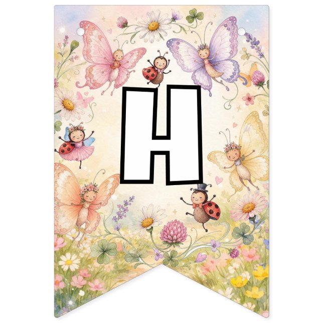 Fjäril & Nyckelpiga Blommig Trädgård Glad Födelsed Vimplar (Andra flaggan)