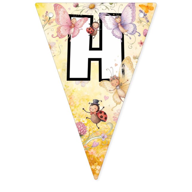 Fjäril & Nyckelpiga Blommig Trädgård Glad Födelsed Vimplar (Andra flaggan)