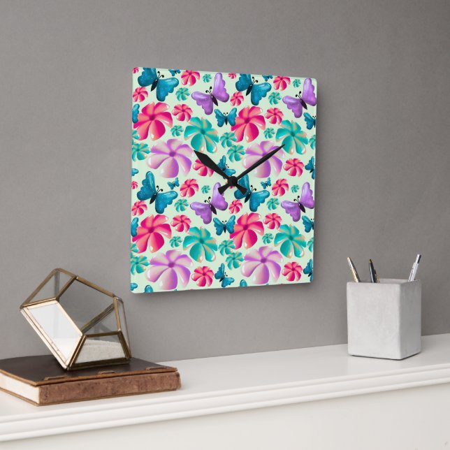 Fjäril och blomma estetiskt mönster  fyrkantig klocka (Kontor)