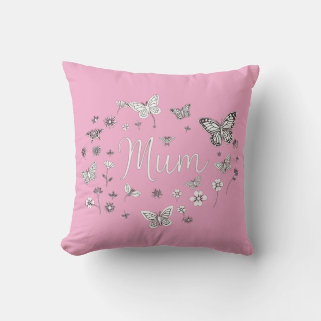 Fjäril och blommig "Mamma" Mors dag  Kudde (Framsida)