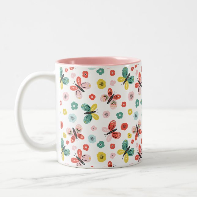 Fjäril och blommig mönster  Två-Tonad mugg (Vänster)
