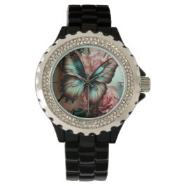 Fjäril och blommor i rhinestones armbandsur