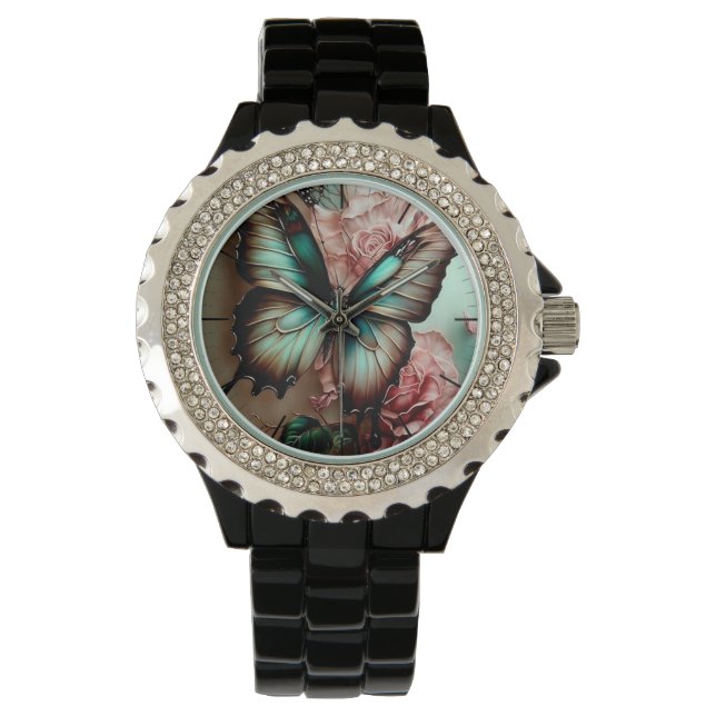 Fjäril och blommor i rhinestones armbandsur (Framsida)