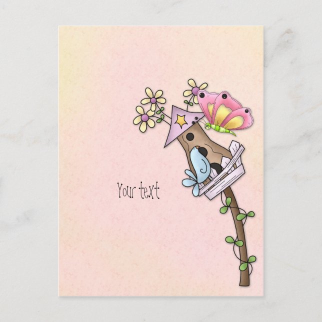 Fjäril och fågel möts vid fågelhuset vykort (Framsida)