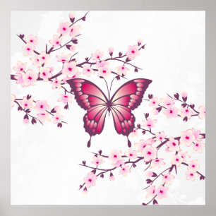 Fjäril och körsbärsblommor Rosa Vitt Poster