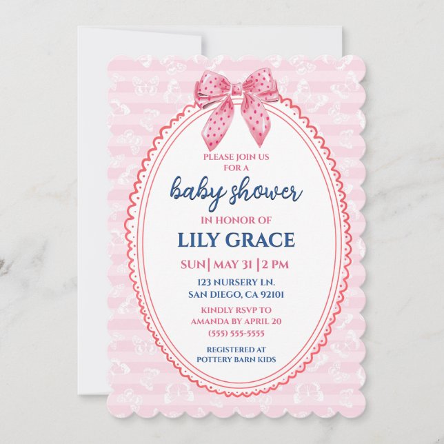 Fjäril och prickig rosett baby shower inbjudan (Framsida)
