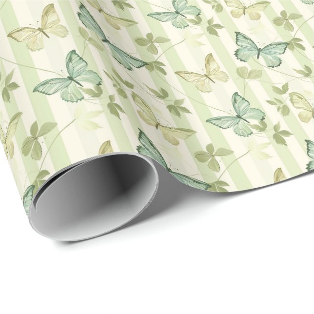 Fjäril och ränder Grönt födelsedagspresentpapper Presentpapper (Rullad Hörn)