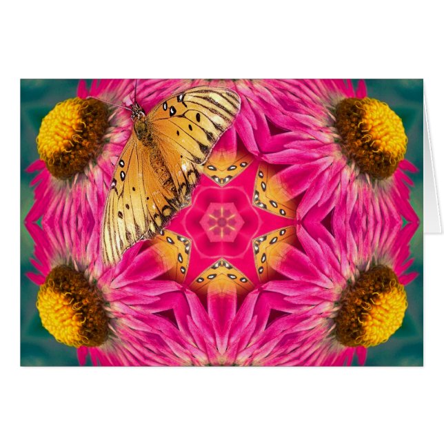 Fjäril och Strawflower Mandala Hälsningskort (Framsidan Horizontal)