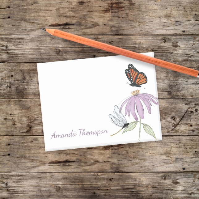 Fjäril och trollslända i lila blomma - anpassnings post-it block (Botanical garden post it notes with purple cone flower, butterfly, and dragonfly)