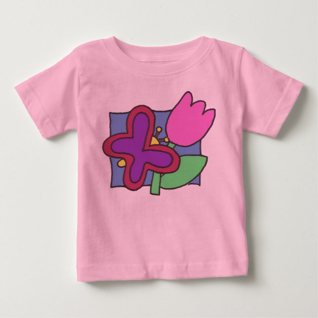 Fjäril och Tulpan Färgrik Barns Konst  T Shirt (Framsida)
