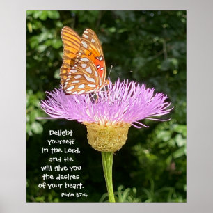 fjäril på blomma med versaler från Psalm 37:4 Poster