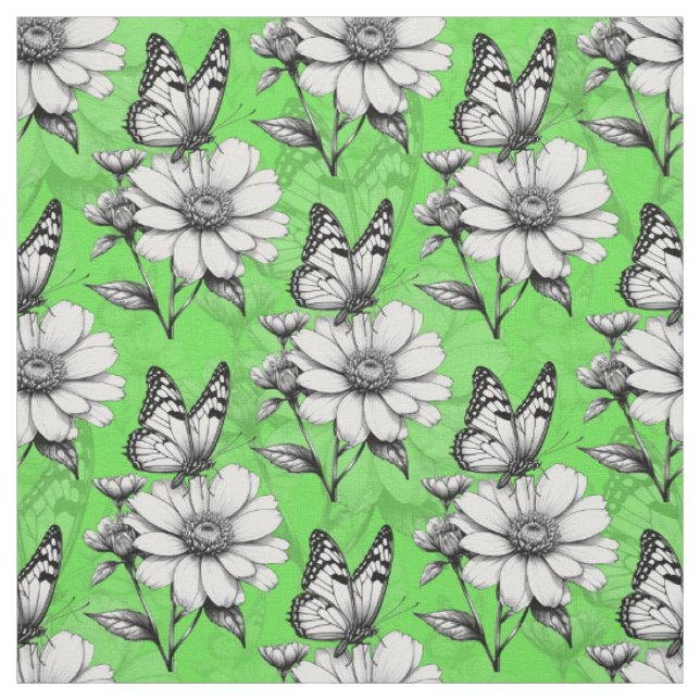 Fjäril På Blomma Mönster Grön Design Tyg (Provkarta)