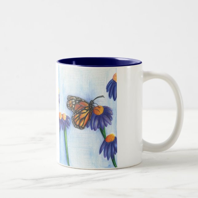 Fjäril på blommor-mugg 3,3 dl (Vit/Marinblå) Två-Tonad Mugg (Höger)