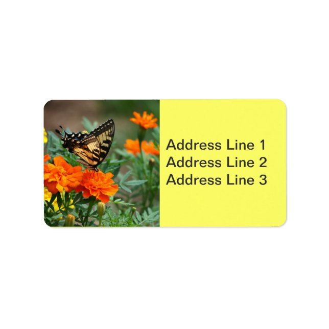 Fjäril på orange och gula blommor etikett adressetikett (Framsidan)