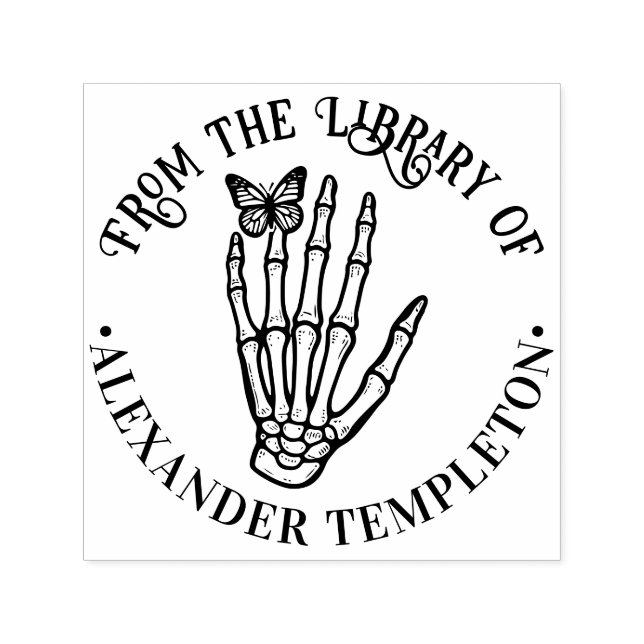Fjäril på skelett hand tecken bibliotek boknamn självfärgande stämpel (Design)