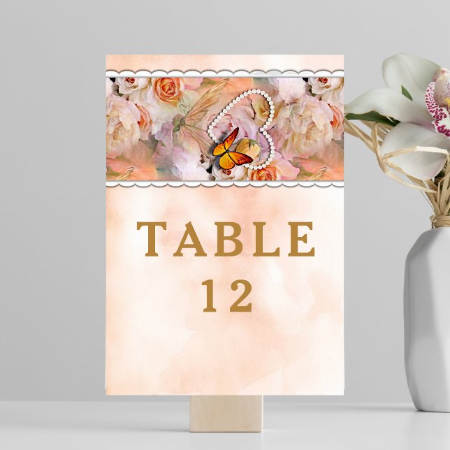 Fjäril Pärl Hjärtan Blommig Fridfullhet Ros Bröllo Bordsnummer (Butterfly Pearl Heart Floral Serenity Rose Wedding Table Number)