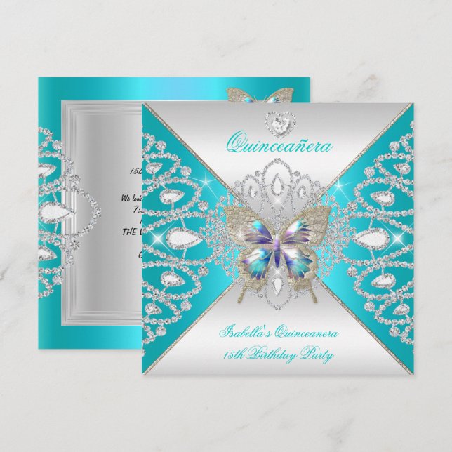 Fjäril Quinceanera 15-års Teal Silver Tiara 2 Inbjudningar (Fram/baksida)