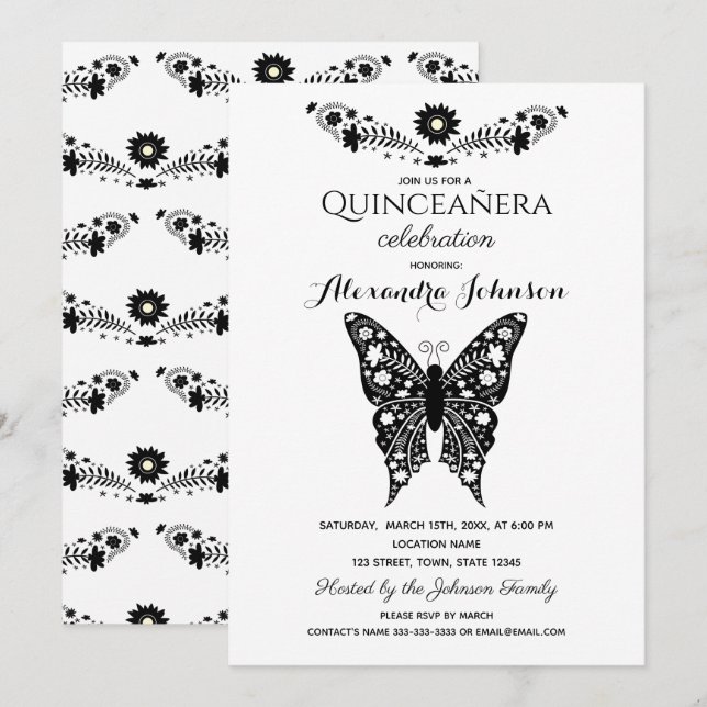 Fjäril Quinceanera Svart & Vit 15-årsdag Inbjudningar (Fram/baksida)