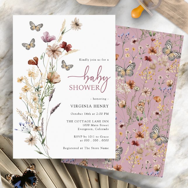 Fjäril Rosa Bebis-fest Inbjudningar (Pink Boho Wildflower Butterfly Baby Shower Invitation by Painted Paperie)