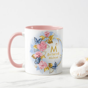 Fjäril & Rosa Ros Monogram I Guld Initial Mugg