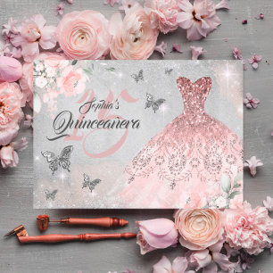 Fjäril Rose Guld Glitter Klänning Quinceanera Inbjudningar