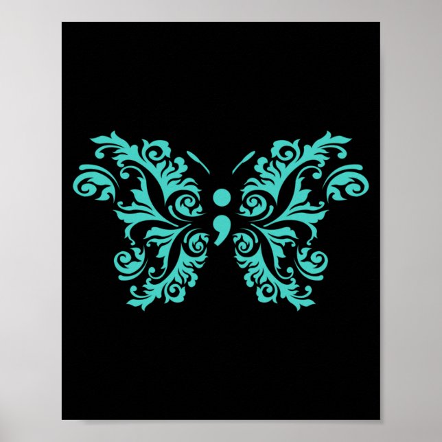 Fjäril Semikolon Medvetenhet Förebyggande Teal Poster (Framsidan)