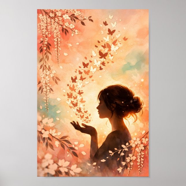 Fjäril Silhuett Blommig Flicka Persika Akvarell  Poster (Framsidan)