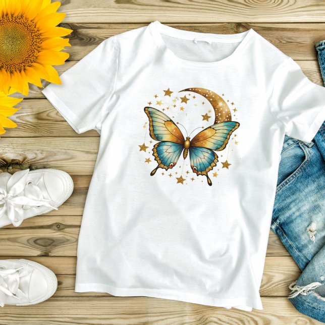 Fjäril Stjärnor Celestial Svart Guld Teal Boho T Shirt (Butterfly Stars Moon Celestial Gold Blue Teal Boho Women's T-shirt. Gift for her)